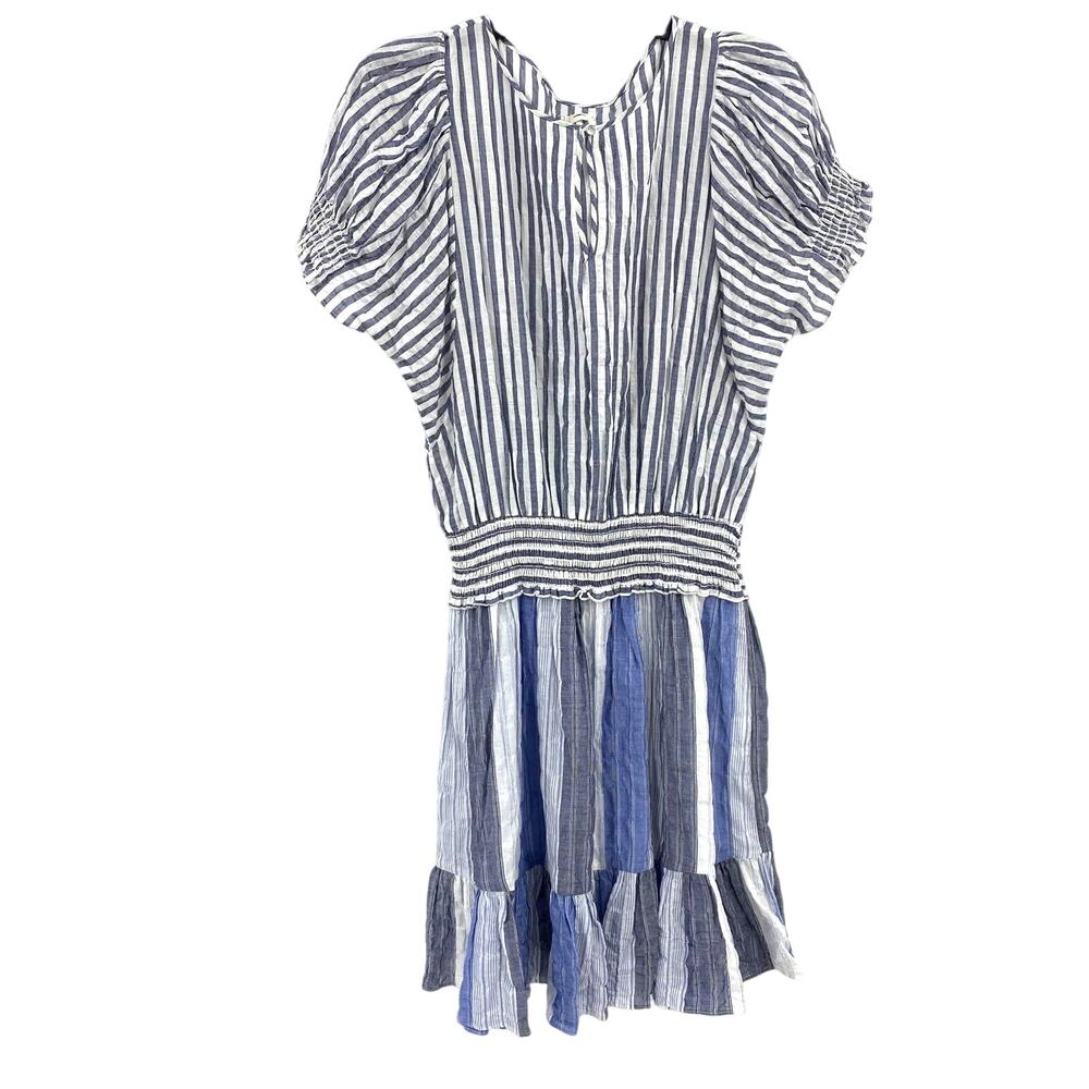 Warm NY Smocked Striped Blue White Short Knee Dress Puff Sleeve Size 3 10 12